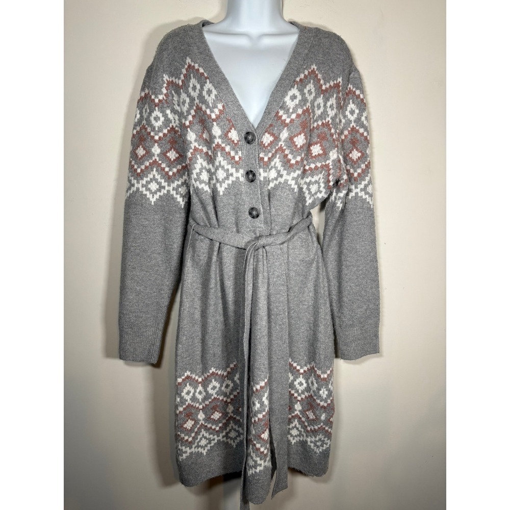 Lucky Brand Cardigan Sweater Dress Grey Fair Isle Belted Longline Cabincore XL